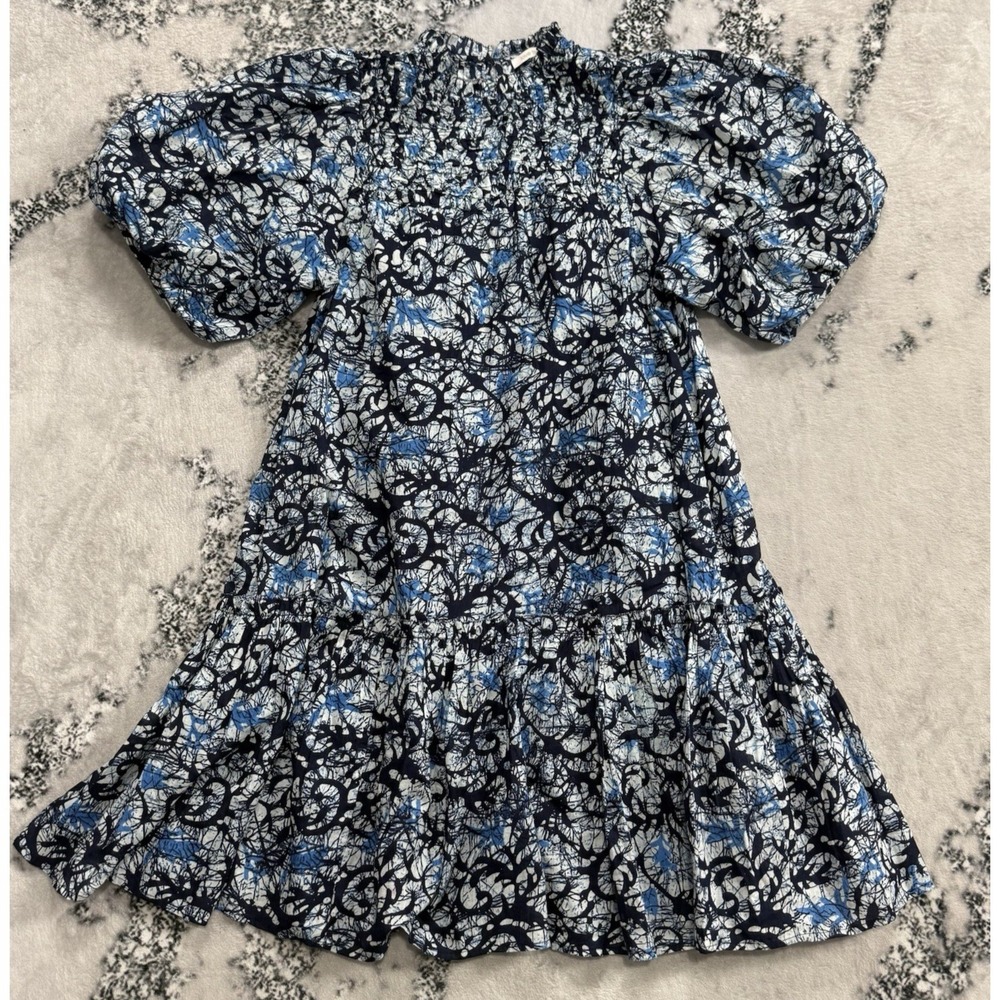 Love The Label Dress Women S Blue Smocked High Neck Puff Sleeve Mini Boho Cotton